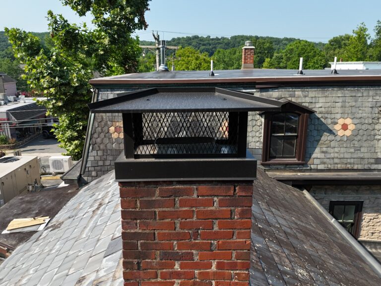 Original Photo- Black Chimney Cap on Roof-Chimney Cap Builders